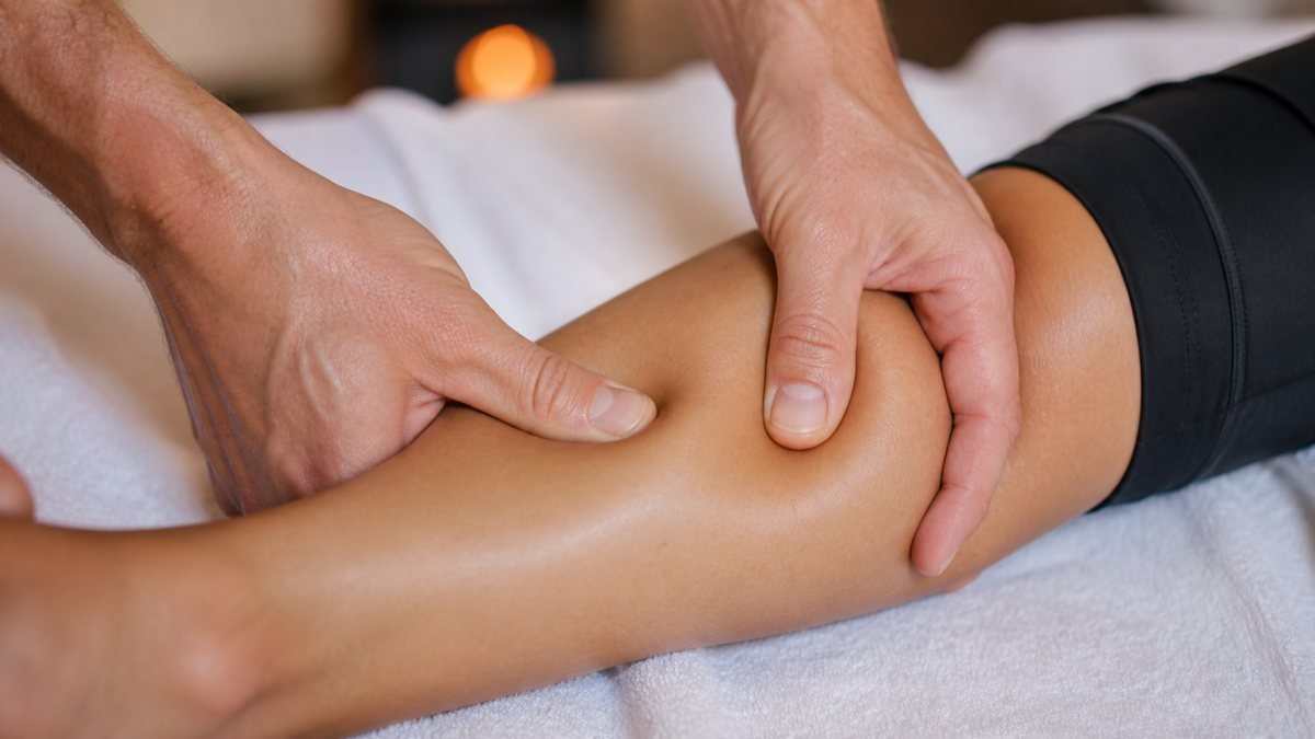 Detail of hands applying compressive massage to the leg