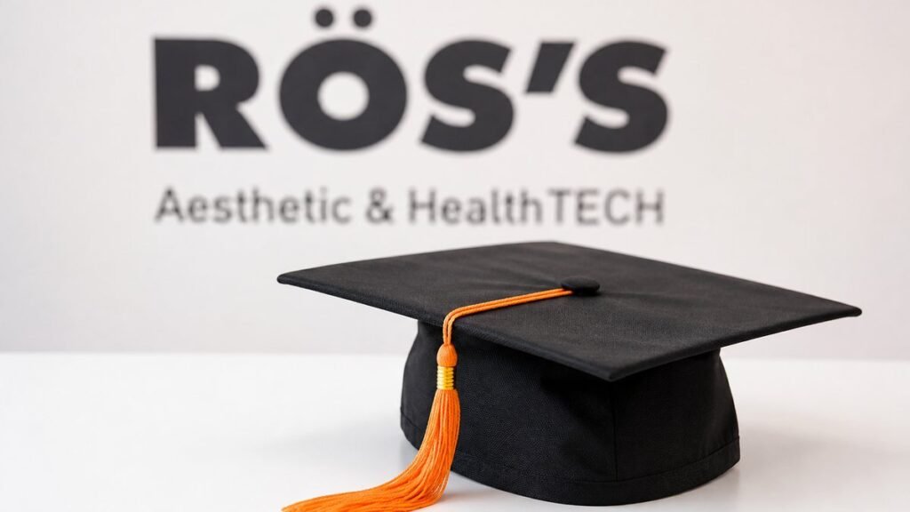 Birrete de graduacion con borla naranja delante del logotipo de ROSS, formacion continuada en aparatologia estetica